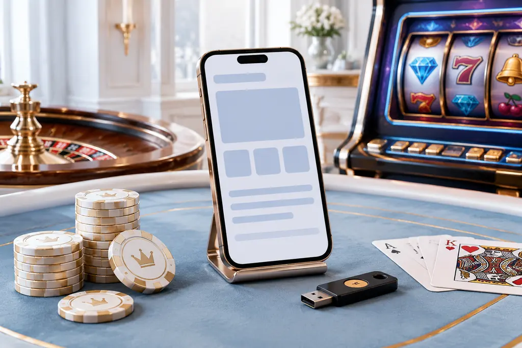 Ponsel dengan layar netral di dekat mesin slot dan cip di kasino.