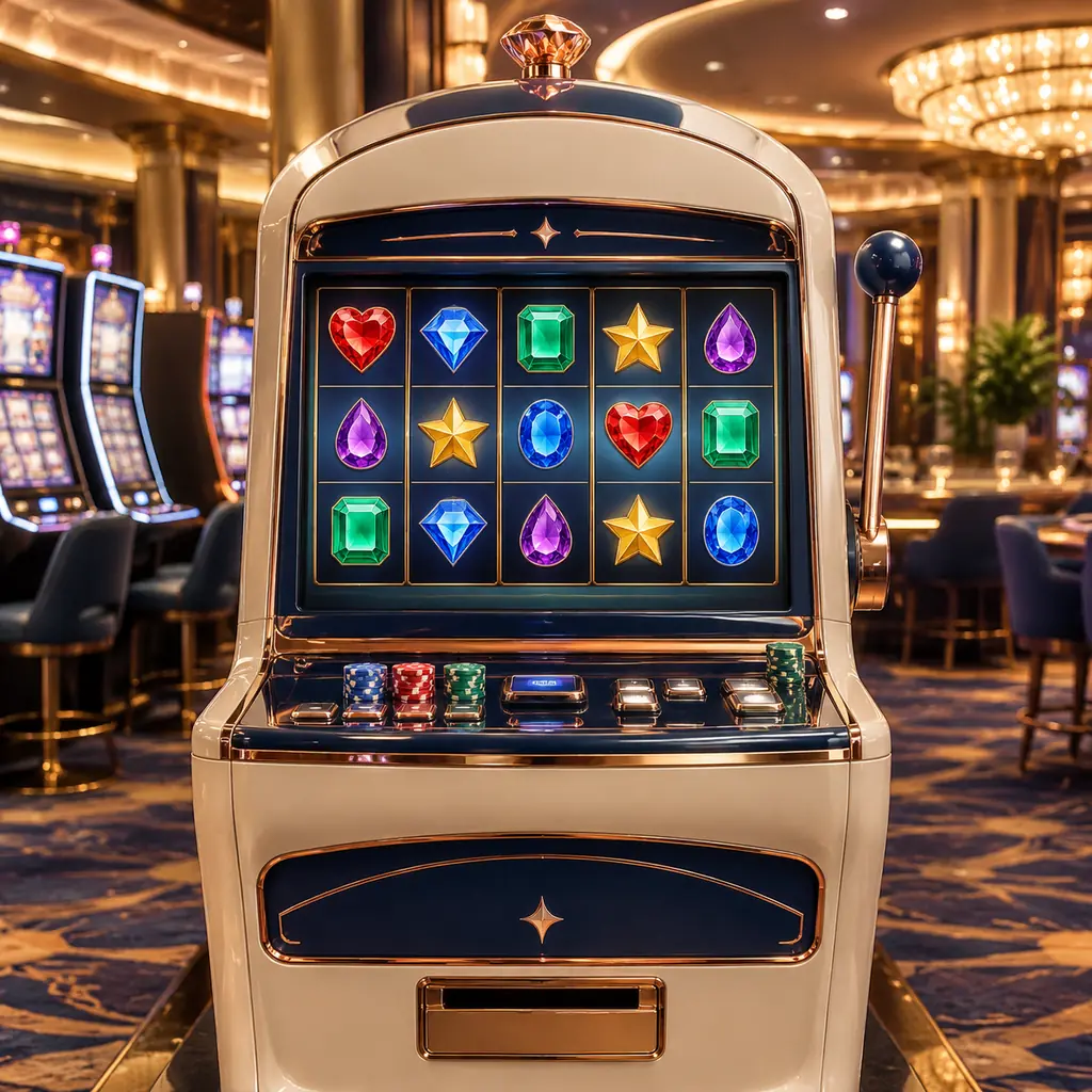 Mesin slot konseptual bertema permata dengan cip di meja kasino.
